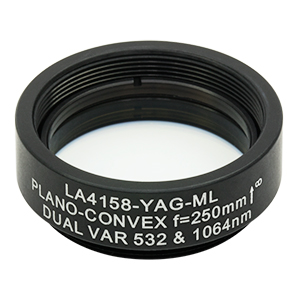 Thorlabs LA4158-YAG-ML плоско-випукла сферична лінза, UVFS, Ø25.4mm, f=250.0mm, AR Coating: 532/1064nm з кріпленням SM1