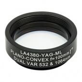 Thorlabs LA4380-YAG-ML плоско-випукла сферична лінза, UVFS, Ø25.4mm, f=100.0mm, AR Coating: 532/1064nm з кріпленням SM1