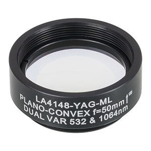 Thorlabs LA4148-YAG-ML плоско-випукла сферична лінза, UVFS, Ø25.4mm, f=50.0mm, AR Coating: 532/1064nm з кріпленням SM1
